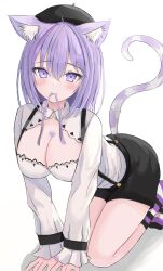  1girl absurdres all_fours animal_ear_fluff animal_ears beret blush breasts cat_ears cat_girl cat_tail chest_tattoo cleavage commentary hat heart heart_tattoo highres hololive large_breasts long_sleeves looking_at_viewer mouth_hold nekomata_okayu nekomata_okayu_(wonderland) purple_eyes purple_hair purple_ribbon ribbon simple_background solo tail tamamorh tattoo virtual_youtuber white_background 