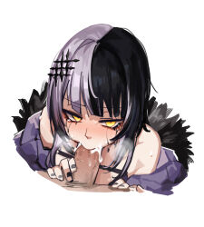  1boy 1girl adarin black_hair black_nails cum cum_in_mouth erection fellatio fur_trim grey_hair hair_ornament hetero highres hololive hololive_english looking_at_viewer multicolored_hair oral penis runny_makeup shiori_novella shiori_novella_(1st_costume) simple_background solo_focus split-color_hair sweat uncensored virtual_youtuber white_background yellow_eyes  rating:Explicit score:46 user:danbooru
