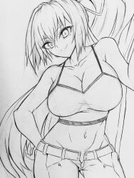  1girl breasts cleavage hair_ribbon hand_on_own_hip highres large_breasts legs long_hair looking_at_viewer midriff monochrome navel no_bra no_panties pants ponytail ribbon shirt sketch sleeveless sleeveless_shirt smile thighs toned traditional_media unbuttoned under_night_in-birth unzipped very_long_hair yuzuriha_(under_night_in-birth) 