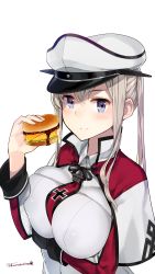  10s 1girl arm_around_waist black_gloves blonde_hair blue_eyes blush breasts capelet female_focus food gloves graf_zeppelin_(kancolle) burger hat highres kantai_collection kuro_chairo_no_neko large_breasts long_hair peaked_cap pun sandwich single_glove smile solo twintails twitter_username  rating:Questionable score:19 user:danbooru