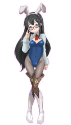  1girl adapted_costume animal_ears black_hair blue_eyes bobabo breasts fake_animal_ears full_body glasses highres kantai_collection leotard long_hair necktie ooyodo_(kancolle) playboy_bunny red_tie small_breasts thighhighs very_long_hair white_thighhighs 