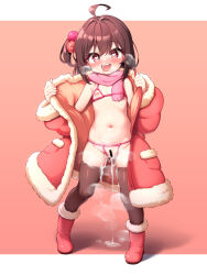  1girl :d ahoge bar_censor black_thighhighs blush brown_hair censored coat commentary_request cum cum_in_pussy cumdrip female_focus flat_chest full_body hair_bobbles hair_ornament heart heart-shaped_pupils highres leaking leaking_cum_from_pussy loli looking_at_viewer musouzuki nipples one_side_up open_clothes open_coat open_mouth original pink_scarf red_coat red_eyes saliva scarf short_hair skindentation smile solo standing steam steaming_body symbol-shaped_pupils thighhighs  rating:Explicit score:119 user:Debbieloveslolis