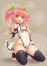 1girl :3 :d bad_id bad_nijie_id barefoot black_thighhighs breasts censored cleavage cleavage_cutout clothing_cutout crotchless detached_sleeves doily feet finger_to_face gradient_hair highres index_finger_raised long_hair looking_at_viewer miruki mosaic_censoring multicolored_hair no_shoes open_mouth original pink_hair pussy smile solo squatting thighhighs toeless_legwear toes twintails wide_sleeves yellow_eyes rating:Explicit score:54 user:danbooru