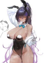  1girl 1other animal_ear_hairband animal_ears aqua_bow aqua_bowtie arm_up bare_legs black_hair black_leotard blue_archive blush bow bowtie breasts cleavage detached_collar doodle_sensei_(blue_archive) fake_animal_ears gloves gradient_hair groin hairband highleg highleg_leotard highres huge_breasts karin_(blue_archive) karin_(bunny)_(blue_archive) large_breasts leotard long_hair looking_at_viewer multicolored_hair no_legwear official_alternate_costume open_clothes open_shirt playboy_bunny ponytail purple_hair rabbit_ear_hairband rabbit_ears sensei_(blue_archive) sesefadou_0v0 shirt simple_background steaming_body strapless strapless_leotard very_long_hair white_background white_gloves white_shirt 