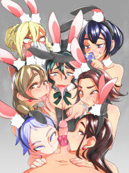  1boy 6+girls animal_ear_headband animal_ears blonde_hair blue_eyes blue_hair blush bow braid breasts brown_eyes brown_hair cellphone cleavage clothed_female_nude_male cooperative_fellatio drooling earrings fake_animal_ears fellatio gloves green_eyes green_hair grey_background harem highres holding holding_phone hoop_earrings jewelry leotard licking licking_penis medium_breasts mole mole_under_eye multiple_girls navel nude oral original penis penis_bow phone playboy_bunny rabbit_ears red_bow simple_background testicle_sucking tongue tongue_out white_gloves yuuri_splatoon 