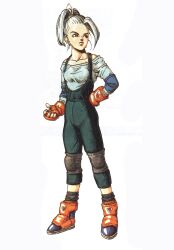  1girl bad_link bare_shoulders boots collarbone earrings elbow_pads epon fingerless_gloves full_body gloves green_overalls green_shirt highres jewelry knee_pads looking_to_the_side official_art orange_footwear orange_gloves shirt short_hair simple_background solo tobal_no._1 toriyama_akira white_background white_hair 