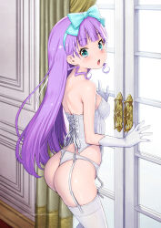 1girl absurdres aqua_eyes aqua_hairband ass bare_shoulders commentary_request ellee-chan gloves hairband highres hirogaru_sky!_precure indoors kazuma_muramasa long_hair looking_at_viewer open_mouth panties precure purple_hair signature solo thighhighs underwear white_gloves white_panties white_thighhighs window  rating:Questionable score:40 user:danbooru