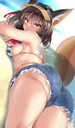  1girl animal_ear_fluff animal_ears ass back bare_arms bare_shoulders beach bikini bikini_under_clothes blue_archive blush breasts brown_hair cle_masahiro denim denim_shorts fang fox_ears fox_girl fox_tail from_behind gluteal_fold izuna_(blue_archive) izuna_(swimsuit)_(blue_archive) looking_at_viewer lying on_stomach open_mouth outdoors scarf short_hair shorts sideboob smile solo striped_bikini striped_clothes sweat swimsuit swimsuit_under_clothes tail thighs visor_cap yellow_eyes  rating:Sensitive score:82 user:danbooru