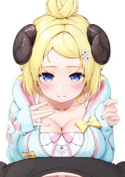  1boy 1girl animal_ears black_horns black_shirt blonde_hair blue_eyes blue_jacket blush bow bow_camisole breast_press breasts camisole cleavage closed_mouth collarbone commentary_request curled_horns hair_bun hair_ornament hairclip highres hololive hood hood_down hooded_jacket horns jacket large_breasts looking_at_viewer mixed-language_commentary nyan_(reinyan_007) official_alternate_costume official_alternate_hairstyle paid_reward_available pink_bow pov sheep_ears sheep_horns shirt single_hair_bun sleeves_past_wrists smile swept_bangs tsunomaki_watame tsunomaki_watame_(loungewear) virtual_youtuber white_camisole yellow_bow 