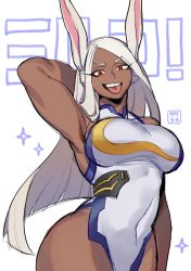  ! 1girl animal_ears arm_behind_back boku_no_hero_academia breasts character_name dark-skinned_female dark_skin gluteal_fold heattech_leotard highleg highleg_leotard highres large_breasts leotard long_eyelashes long_hair looking_at_viewer mirko open_mouth rabbit_ears rabbit_girl red_eyes signature silver_hair solo standing superhero_costume taut_leotard thighs toned tongue tongue_out turtleneck white_background white_leotard wosashimi  rating:Sensitive score:54 user:danbooru