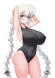  1girl ahoge armpits arms_behind_head arms_up bare_arms bare_shoulders black_one-piece_swimsuit blue_eyes blush braid breasts closed_mouth collarbone competition_swimsuit covered_erect_nipples covered_navel cowboy_shot furrowed_brow highres huge_breasts kizuna_akari large_breasts long_hair low_twintails one-piece_swimsuit sho_(wnmf3234) simple_background solo standing steam steaming_body sweat sweatdrop swimsuit thighs twin_braids twintails very_long_hair voiceroid wet white_background white_hair 