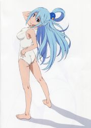  1girl absurdres aqua_(konosuba) bare_legs bare_shoulders barefoot blue_eyes blue_hair breasts from_above from_behind full_body hair_rings hand_in_own_hair hand_on_own_hip highres kono_subarashii_sekai_ni_shukufuku_wo! long_hair looking_at_viewer looking_back medium_breasts one-piece_swimsuit scan scan_artifacts shadow solo swimsuit very_long_hair white_one-piece_swimsuit yamamoto_shuuhei  rating:Sensitive score:80 user:danbooru