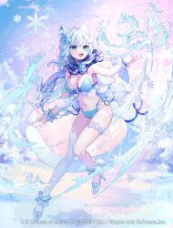  1girl :d animal_ears ankle_garter babydoll bikini blue_babydoll blue_bikini blue_eyes blue_hair blue_scarf breasts bridal_garter character_request cleavage commentary_request copyright_name dragon eastern_dragon fang front-tie_bikini_top front-tie_top high_heels highres long_hair looking_at_animal medium_breasts natsuiro_xx navel open_hand open_mouth outstretched_arm parted_bangs ribbon scarf side-tie_bikini_bottom sidelocks slit_pupils smile snowflakes solo swimsuit tail tail_ornament tail_ribbon white_footwear wrist_cuffs z/x 
