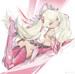  1girl absurdres animification ass blonde_hair blue_eyes boots high_heel_boots high_heels highres long_hair looking_at_viewer looking_back lying mercy_(overwatch) messikid nail_polish on_stomach overwatch overwatch_1 pink_mercy pink_wings simple_background solo the_pose thigh_boots twintails white_background wings  rating:Sensitive score:47 user:danbooru
