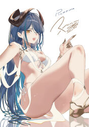  1girl bare_legs bikini black_horns blue_hair breasts eyelashes highres horns jewelry long_hair looking_at_viewer open_mouth original reflective_floor salmon88 sideboob simple_background sitting small_breasts solo swimsuit teeth thighs upper_teeth_only white_background white_bikini yellow_eyes 