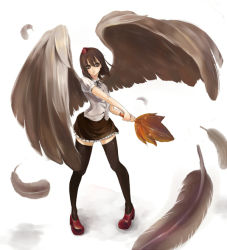  1girl black_wings expressionless feathers female_focus looking_away shameimaru_aya simon_(artist) solo thighhighs touhou wings 