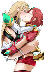 1futa 1girl armor bakkanki bar_censor black_gloves blonde_hair blush breasts censored chest_jewel closed_eyes clothes_pull dangle_earrings earrings fingerless_gloves futa_with_female futanari gloves jewelry kiss large_breasts leg_lock lifting_person long_hair mythra_(xenoblade) pyra_(xenoblade) red_hair red_shorts red_thighhighs selfcest short_shorts shorts shorts_pull shoulder_armor sideboob standing_leg_lock suspended_congress sweatdrop thigh_strap thighhighs tiara white_background xenoblade_chronicles_(series) xenoblade_chronicles_2 rating:Explicit score:188 user:danbooru