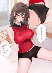  1girl :q black_shorts blush breasts brown_eyes brown_hair cameltoe closed_mouth covered_erect_nipples highres hood hoodie indoors large_breasts long_hair midriff_peek multiple_views niku_(hamuchang) original red_hoodie shorts sitting sleeveless sleeveless_hoodie smile speech_bubble sweat tongue tongue_out translation_request 