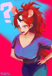  ? aged_up alternate_hairstyle animal_ears black_hair blue_eyes breasts cleavage collarbone commentary denim english_commentary hair_between_eyes hakos_baelz hands_on_own_hips high_ponytail highres hololive hololive_english jeans large_breasts long_hair mouse_ears mouse_girl multicolored_hair open_mouth pants patreon_username red_hair simple_background solo streaked_hair tomboy twitter v-neck very_long_hair virtual_youtuber white_hair youtube_username zonesm 