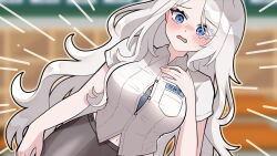  1girl black_skirt blue_eyes blurry blurry_background blush bra breast_pocket breasts bursting_breasts button_gap buttons collared_shirt gotica grey_bra grey_hair hand_on_own_chest highres lee_rein long_hair name_tag navel open_mouth pocket second-party_source shirt short_sleeves skirt solo tearing_up underwear vlyz white_shirt 