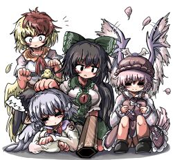  4girls angel_wings animal_ears arm_cannon bird bird_ears bird_on_hand bird_tail bird_wings black_wings blonde_hair blush bow bowtie braid brown_dress brown_headwear chick chicken closed_eyes commentary_request dress eye20806972 falling_feathers feathered_wings feathers french_braid girl_on_top green_bow green_skirt grey_wings hair_bow hat highres kishin_sagume long_hair long_sleeves lying multicolored_hair multiple_girls mystia_lorelei niwatari_kutaka on_stomach open_mouth pink_hair red_bow red_bowtie red_hair reiuji_utsuho shirt short_hair short_sleeves single_wing sitting skirt sleeping smile tail third_eye touhou two-tone_hair very_long_hair weapon white_shirt winged_hat wings yellow_wings zzz 