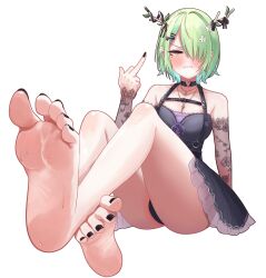  1girl absurdres antlers arm_warmers bare_legs bare_shoulders barefoot black_dress black_nails breasts ceres_fauna ceres_fauna_(goth) choker cleavage dress feet flower foot_focus foreshortening green_hair hair_flower hair_ornament hair_over_one_eye hairclip heart heart_choker highres hololive hololive_english horns jewelry knees_up legs looking_at_viewer medium_breasts middle_finger mole mole_under_eye nail_polish necklace official_alternate_costume official_alternate_hairstyle panties pantyshot sero4308 short_hair simple_background soles solo sweat toenail_polish toenails toes underwear virtual_youtuber white_background yellow_eyes 