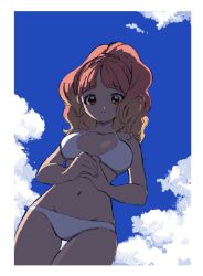  1girl aikatsu!_(series) aikatsu_friends! backlighting bikini blonde_hair blue_sky border breasts closed_mouth cloud commentary_request cowboy_shot dutch_angle from_below gradient_hair high_ponytail highres large_breasts long_hair looking_at_viewer looking_down multicolored_hair navel osouzai-kun own_hands_clasped own_hands_together pink_hair red_eyes sky solo standing stomach swimsuit thigh_gap wavy_hair white_bikini white_border yuki_aine 