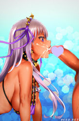  1boy 1girl bare_shoulders bb_(fate) bb_(fate)_(all) bb_(swimsuit_mooncancer)_(fate) bikini blush breasts censored clothed_female_nude_male covered_erect_nipples cum cum_in_mouth erection facial fate/grand_order fate_(series) fellatio gold_trim hairband heart heart_censor hetero large_breasts licking licking_penis long_hair nude oral penis purple_bikini purple_eyes purple_hair shiny_skin star_(symbol) swimsuit tan tongue viola_(seed)  rating:Explicit score:45 user:danbooru