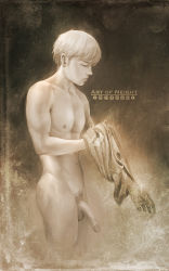  1boy armin_arlert art_of_neight closed_eyes highres male_focus monochrome nude penis sepia shingeki_no_kyojin solo solo_focus standing  rating:Explicit score:24 user:Itachiswife