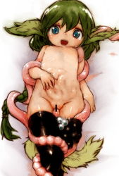  1girl animal_ears bad_id bad_pixiv_id black_thighhighs blue_eyes braid censored egg feral_lemma flat_chest green_hair highres intestine_bulge loli long_hair lying monster_girl nude open_mouth original pussy single_braid smile solo stomach_bulge sweat tail tentacles tentacles_under_clothes thighhighs very_long_hair  rating:Explicit score:82 user:naore
