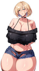  1girl absurdres bare_shoulders bikini bikini_top_only black_choker black_panties blonde_hair blue_eyes choker crossed_arms curvy highres micro_shorts midriff navel off-shoulder_sweater off_shoulder open_fly original panties seito_edaha shorts solo sweater swimsuit thick_thighs thighs unbuttoned underwear  rating:Sensitive score:76 user:danbooru