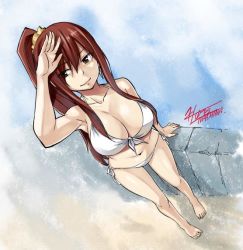 1girl armpits bare_shoulders barefoot bikini breasts brown_eyes cleavage collarbone earrings erza_scarlet fairy_tail female_focus front-tie_top gradient_background jewelry large_breasts lips long_hair mashima_hiro navel official_art ponytail red_hair scrunchie shading_eyes side-tie_bikini_bottom signature smile solo swimsuit translucent_hair white_bikini rating:Sensitive score:90 user:danbooru