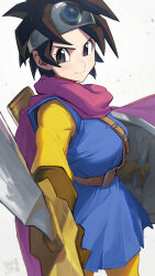  black_eyes blue_tunic brown_hair dragon_quest dragon_quest_iii foreshortening hata4564 headpiece heroine_(dq3) highres holding holding_shield holding_sword holding_weapon looking_at_viewer pink_scarf scarf shield sword weapon  rating:General score:3 user:danbooru