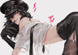  10s 1boy amamiya_ren biting black_gloves black_hair blush crossdressing garter_straps glove_biting gloves hat heart heart-shaped_pupils leaning_forward long_hair looking_at_viewer male_focus off_shoulder open_clothes open_shirt partially_undressed persona persona_5 persona_5:_dancing_star_night persona_dancing police police_hat police_uniform sawa2 skirt smile solo stomach sweat symbol-shaped_pupils thighhighs trap uniform wig  rating:Sensitive score:68 user:danbooru