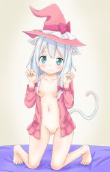  1girl absurdres animal_ears barefoot blue_eyes blush bottomless breasts eromanga_sensei feet hat highres izumi_sagiri loli looking_at_viewer navel nipples no_panties open_clothes pussy small_breasts solo thighs  rating:Explicit score:38 user:Loliconboyz