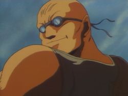  1980s_(style) 1boy animated animated_gif bald beam death eyeball goggles guro looking_at_viewer lowres m.d._geist male_focus muscular muscular_male oldschool outdoors retro_artstyle skull smile snuff solo sunglasses 