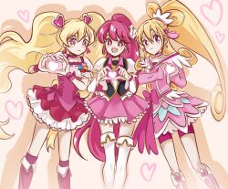  3girls aida_mana aino_megumi armband back_cutout black_vest blonde_hair boots bow bowtie brooch choker closed_mouth clothing_cutout clover_brooch collar collared_vest commentary cross-laced_clothes cross-laced_dress cure_heart cure_lovely cure_peace dokidoki!_precure dress dress_bow earrings eyelashes feet_out_of_frame fresh_precure! frilled_dress frilled_shirt frilled_sleeves frilled_vest frills hair_ornament happinesscharge_precure! heart heart-shaped_hair heart_brooch heart_earrings heart_hair_ornament heart_hands high_ponytail highres in-franchise_crossover jewelry knee_boots kneehighs lace lace-trimmed_skirt lace-trimmed_vest lace_trim light_blush long_hair looking_at_viewer magical_girl miniskirt momozono_love multiple_girls open_mouth pink_arm_warmers pink_bow pink_bowtie pink_bracelet pink_choker pink_collar pink_dress pink_eyes pink_footwear pink_hair pink_shorts pink_skirt pink_socks pink_theme pink_wrist_cuffs precure puffy_short_sleeves puffy_sleeves ribbon-trimmed_shirt shadow shirt short_sleeves shorts simple_background skirt smile socks square_neckline straight-on strapless strapless_dress symbol-only_commentary tassel tassel_hair_ornament thigh_boots thighhighs twintails v-shaped_eyebrows very_long_hair vest white_armband white_footwear white_shirt white_sleeves white_veil wrist_bow wrist_cuffs xiao_gu_(xg112) yellow_background zettai_ryouiki 