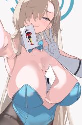 1girl ace_(playing_card) ace_of_spades armpits asuna_(blue_archive) asuna_(bunny)_(blue_archive) between_breasts blue_archive blue_bow blue_bowtie blue_eyes blue_leotard bow bowtie breasts brown_pantyhose card card_between_breasts chikoku cleavage closed_mouth detached_collar gloves grey_background hair_over_one_eye halo highres huge_breasts joker_(playing_card) leotard light_brown_hair long_hair looking_at_viewer mole mole_on_breast mouth_hold official_alternate_costume pantyhose playboy_bunny playing_card selfie simple_background smile solo spade_(shape) sweat v white_gloves rating:Sensitive score:56 user:danbooru