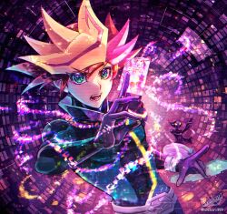  2boys absurdres ai_(yu-gi-oh!) ayakari399 black_bodysuit blonde_hair bodysuit brown_hair card commentary duel_disk glowing green_bodysuit green_eyes highres holding holding_card looking_at_viewer male_focus medium_hair multicolored_hair multiple_boys neon_trim open_mouth pink_hair playmaker_(yu-gi-oh!) spiked_hair teeth tongue trading_card upper_body yu-gi-oh! yu-gi-oh!_vrains 