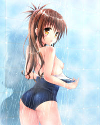 1girl ass blush breasts brown_hair flat_ass long_hair nipples one-piece_swimsuit school_swimsuit shadow showering small_breasts solo swimsuit tamanegi_(genpi) to_love-ru wet yellow_eyes yuuki_mikan rating:Questionable score:21 user:danbooru