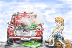  1girl car mini_cooper motor_vehicle original red_hair smoking tagme vehicle_focus  rating:General score:2 user:Freedom_