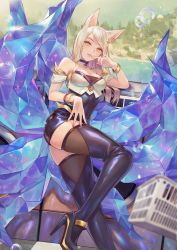 1girl ahri_(league_of_legends) animal_ears arm_up bad_id bad_twitter_id black_thighhighs blonde_hair blurry blurry_foreground bracelet breasts bubble choker cleavage depth_of_field dutch_angle earrings eyeshadow facial_mark finger_to_mouth fox_ears heart heart_choker high_heels highres indoors jewelry k/da_(league_of_legends) k/da_ahri league_of_legends leotard lino_chang lips long_hair looking_at_viewer makeup medium_breasts multiple_tails nail_polish parted_lips shiny_clothes solo standing swept_bangs tail thighhighs washing_machine whisker_markings yellow_eyes rating:Sensitive score:34 user:danbooru
