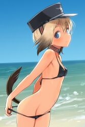  501st_joint_fighter_wing beach bikini black_bikini black_hat blonde_hair blue_eyes breasts erica_hartmann hat highres looking_at_viewer non-web_source official_art pants_partially_removed shimada_fumikane short_hair small_breasts smile strike_witches swimsuit tail world_witches_series  rating:Questionable score:64 user:danbooru