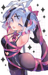  1girl absurdres animal_ears armpits arms_behind_head bare_shoulders black_footwear black_leotard black_pantyhose black_ribbon blue_eyes blue_hair blunt_bangs blush bound bow bowtie breasts cleavage clothing_cutout cowboy_shot cutout_above_navel detached_collar fake_animal_ears hair_ornament hair_ribbon hairband hatsune_miku heart heart-shaped_pupils heart_cutout heart_hair_ornament high_heels highres kuromu_(96-94) leg_up leotard long_hair looking_at_viewer medium_breasts necktie open_mouth pantyhose parted_bangs pink_bow pink_bowtie pink_hair pink_necktie pink_pupils pink_ribbon playboy_bunny pole rabbit_ears rabbit_hole_(vocaloid) ribbon solo spaghetti_strap standing standing_on_one_leg stripper_pole symbol-shaped_pupils tied_up_(nonsexual) twintails vocaloid white_hairband x_hair_ornament 