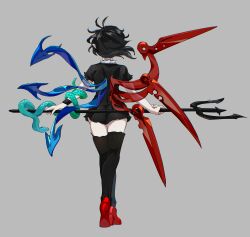  1girl antenna_hair asymmetrical_wings black_dress black_hair black_thighhighs blue_wings chamaruk commentary_request dress from_behind full_body grey_background high_heels highres holding holding_polearm holding_weapon houjuu_nue pointy_ears polearm red_footwear red_wings short_dress short_hair short_sleeves simple_background snake solo thighhighs touhou trident underbutt walking weapon weapon_behind_back wings  rating:Sensitive score:4 user:danbooru