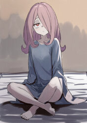  1girl breasts bright_pupils domdom hair_between_eyes hair_over_one_eye little_witch_academia long_hair on_bed oversized_clothes oversized_shirt pajamas pink_hair red_eyes shirt simple_background sketch small_breasts sucy_manbavaran white_pupils 