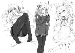  1girl animal_ears azusagawa_tsukino bag blush bow bra breasts breath cat_ears coat dress fake_animal_ears feet finger_in_own_mouth greyscale hair_between_eyes hair_bow hashiguchi_takashi heart highres long_hair lying medium_breasts monochrome multiple_views no_shoes on_back open_mouth panties panties_under_pantyhose pantyhose pleated_skirt scarf skirt speed_lines strap_slip sweat thighband_pantyhose translation_request two_side_up underwear underwear_only white_background yakitate!!_japan  rating:Sensitive score:14 user:danbooru
