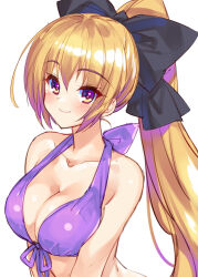  1girl bikini black_bow blush bow breasts bucchake_(asami) cleavage closed_mouth collarbone commentary_request fang front-tie_bikini_top front-tie_top hair_bow halterneck leaning_forward long_hair looking_at_viewer mako_(bucchake_(asami)) medium_breasts navel no_tail no_wings orange_eyes original ponytail purple_bikini sidelocks simple_background smile solo stomach swimsuit upper_body very_long_hair white_background 