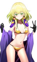  1girl agibe bikini blonde_hair breasts collarbone cowboy_shot duel_monster ear_ornament earrings gloves gold_bikini green_eyes highres japanese_clothes jewelry looking_at_viewer navel noh-p.u.n.k._ze_amin small_breasts solo stomach swimsuit v white_background yu-gi-oh!  rating:Sensitive score:12 user:danbooru