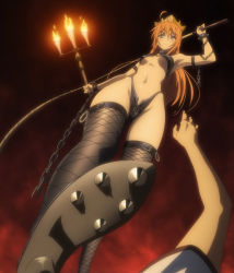  1boy 1girl ahoge arm_up armpits bdsm blush bondage bound breasts candle chain cleats covered_erect_nipples crown cuffs dominatrix femdom fishnet_thighhighs fishnets from_below groin highres holding konoe_subaru long_hair looking_at_viewer looking_down male_hand mayo_chiki! navel orange_hair queen reaching screencap spikes stitched thighhighs third-party_edit torture underboob whip zipper  rating:Questionable score:161 user:AC89